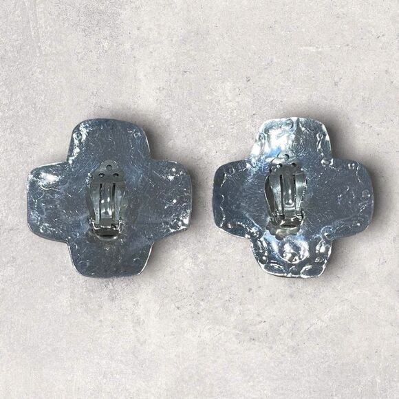 Vintage TAXCO Western 925 Silver Real Malachite Clip-on Concho Cross Earrings - Picture 5 of 7